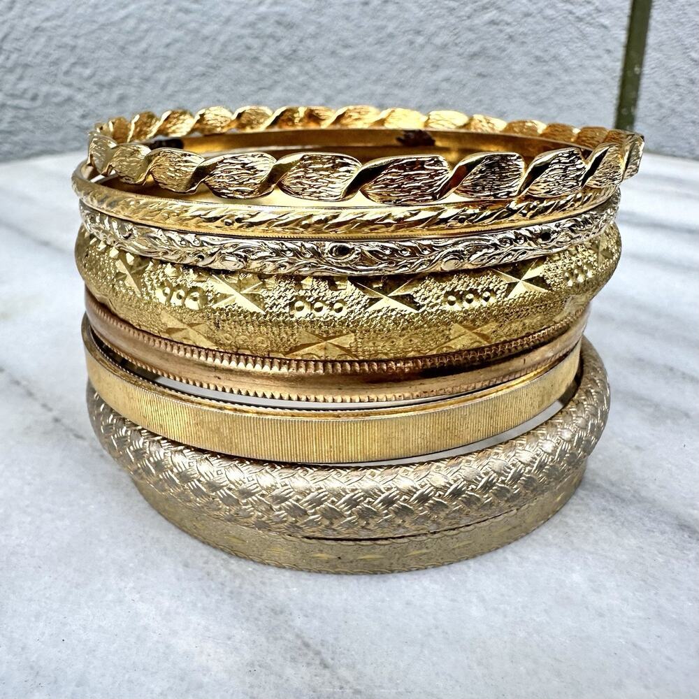 Vintage Gold Tone Bangle Bracelet Stack Textured Jewelry Lot Etched Midcentury